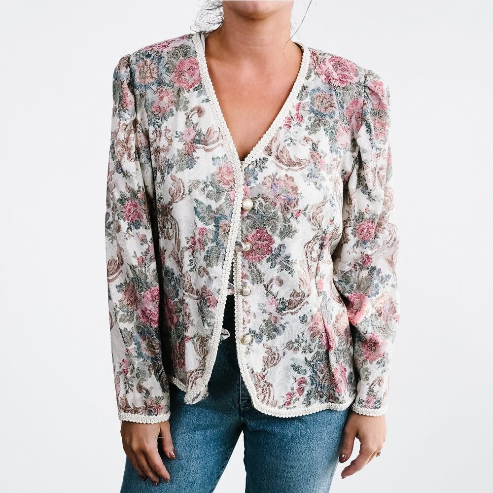 Vintage Floral Button Up Jacket with Tie Back - L